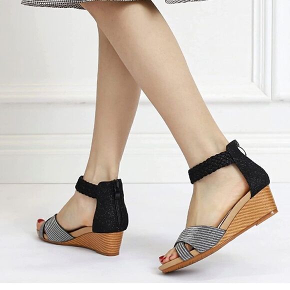 Intini Leather Silver Braided Ankle Strap Low Wedge Sandals - Picture 14 of 15